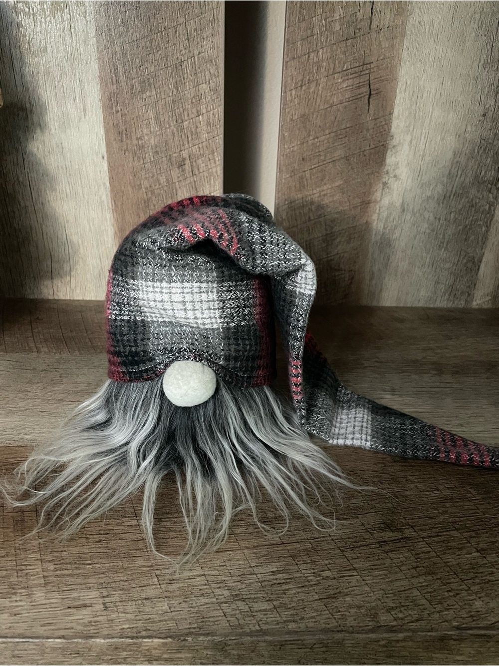Gray & Red Plaid Gnome with Faux Fur Beard